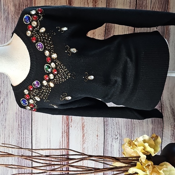 PIERRE CARDIN VINTAGE 80'S BLACK PULLOVER JEWELED SWEATER CARDIGAN - Picture 1 of 11